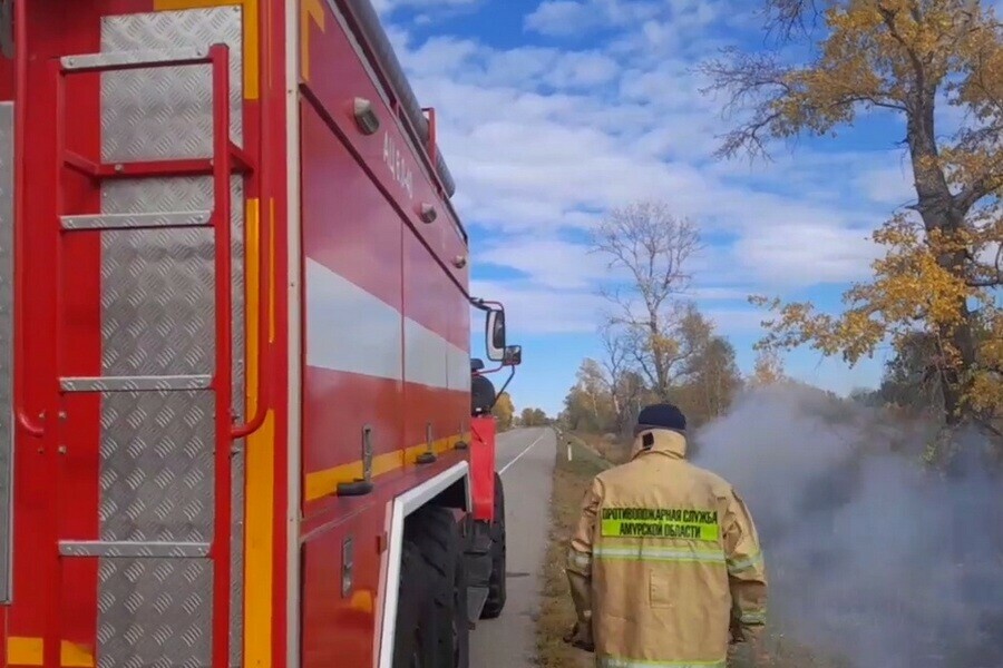 Возле трассы между Благовещенском и Белогорском тушат пожар видео