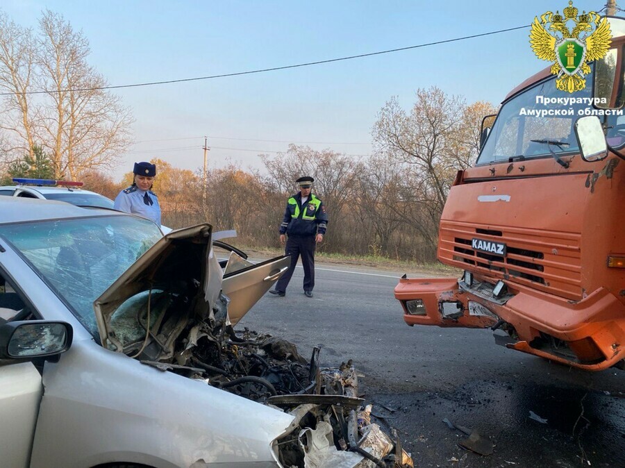 Маленький ребенок и женщина ранены при столкновении КамАЗа и Toyota в Амурской области