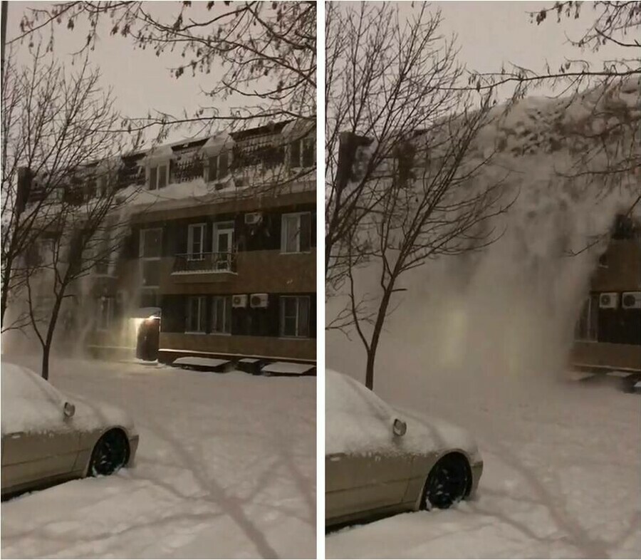 В Благовещенске со здания сошла огромная лавина видео